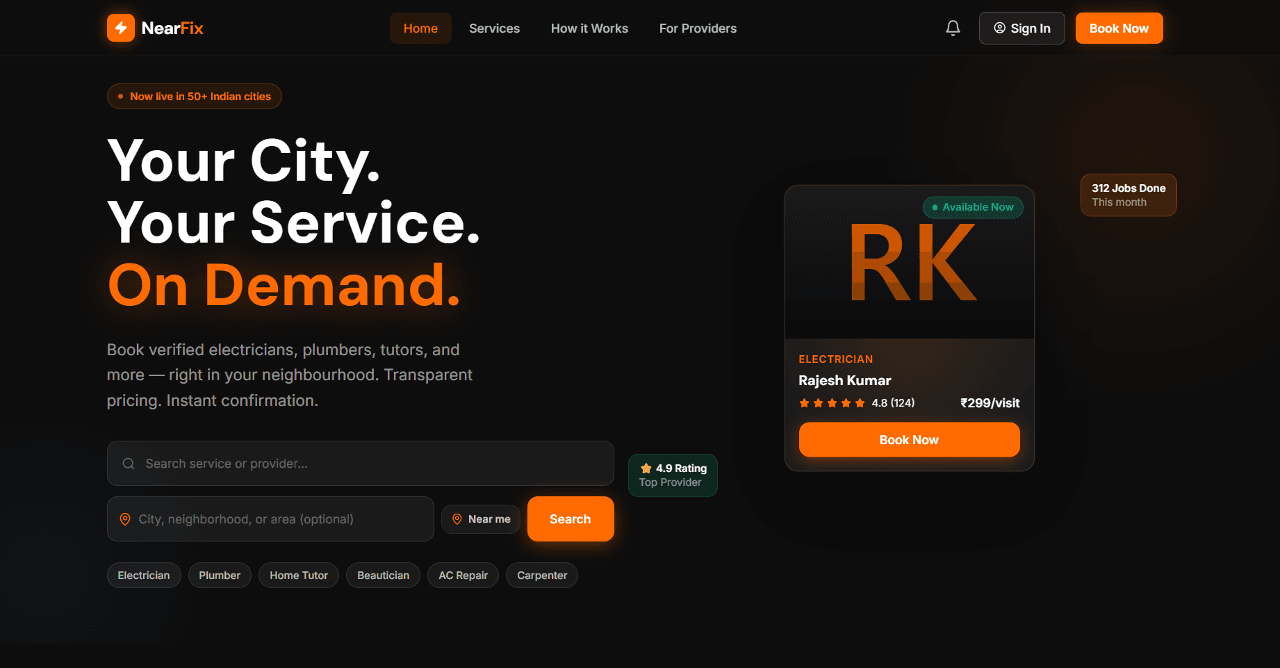 NearFix landing page with the headline Your City. Your Service. On Demand.