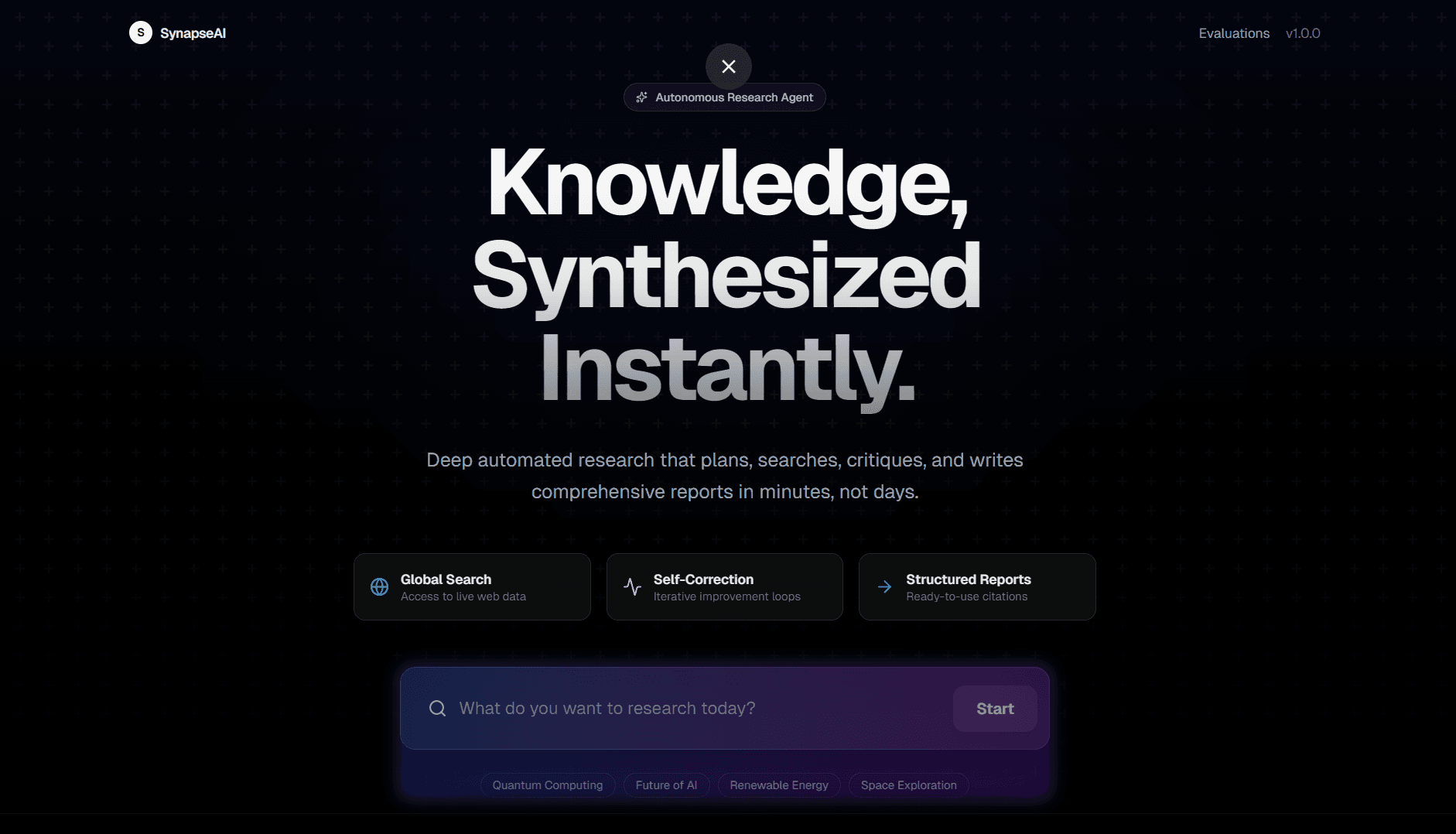 SynapseAI landing page with the headline Knowledge, Synthesized Instantly